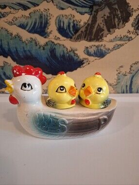 Vintage Ceramic Hen with Two Yellow Chick Salt & Pepper Shakers